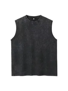 Vintage charcoal washed 240g pure cotton sleeveless vest in a loose fit for men