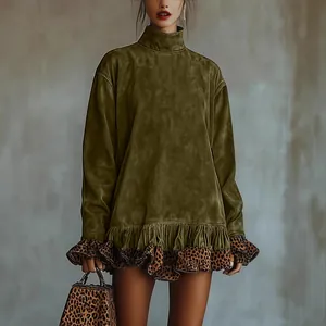Fashionable olive green high neck long sleeve dress with leopard print ruffle hem