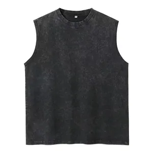 Premium 240g cotton vintage washed distressed grey sleeveless vest for men in loose fit