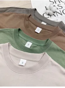 Close-up detail of small crew neck and heavy cotton texture on multi-colored T-shirts