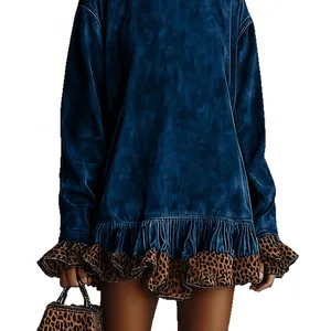 Elegant royal blue velvet long sleeve mini dress featuring chic leopard print ruffle trim details