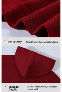 Close-up detail view of burgundy hooded sweatshirt ribbed hem and hood stitching