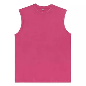 Vintage washed distressed pink sleeveless cotton t-shirt for men with a loose fit