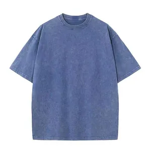 Vintage acid washed blue 250g heavy pure cotton oversized crew neck t-shirt for men