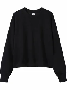 Classic solid black cropped crewneck sweatshirt made of premium loose fit cotton for women
