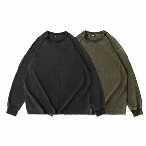 Men Vintage Heavyweight Cotton Long Sleeve T-Shirt Oversized Washed Distressed Crew Neck Casual Retro Streetwear Top