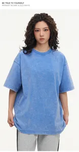 Front view of an oversized 300g heavy cotton vintage washed blue t-shirt with snow wash finish