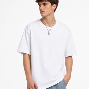T-Shirt Unisexe en Coton Lourd Col Rond Coupe Large Manches Courtes Couleur Unie Streetwear Décontracté Été Basic Tee
