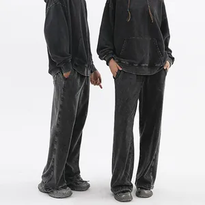 Vintage washed charcoal black 350g heavy cotton tracksuit set with wide leg pants