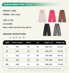 Comprehensive size guide and color options for 350G vintage wash loose sweatpants