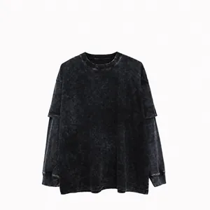 Men Heavyweight Cotton Long Sleeve T-Shirt Fake Two-Piece Vintage Acid Wash Oversized American High Street Casual Top