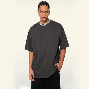 Oversized dark grey 230g pure cotton round neck T-shirt for men with drop shoulder design