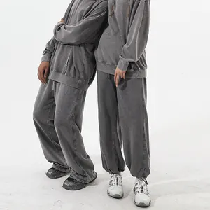 Unisex oversized heavy washed vintage charcoal grey sweatpants and hoodie set