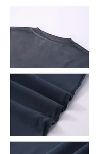 Close-up of heavy cotton washed t-shirt fabric texture and fine neckline stitching details