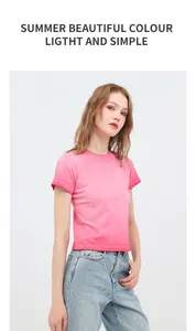 Detail view of pink ombré gradient cotton crop top short sleeve T-shirt on female model