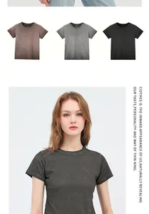 Detail view of vintage gradient cotton crop t-shirts with flat lay and model shot