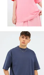 Detail of heavy 260g washed distressed cotton oversized t-shirt in pink and navy blue