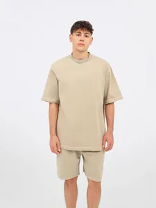 Premium oversized vintage ανδρικό σετ streetwear από μπεζ βαρύ καθαρό βαμβάκι με acid-wash