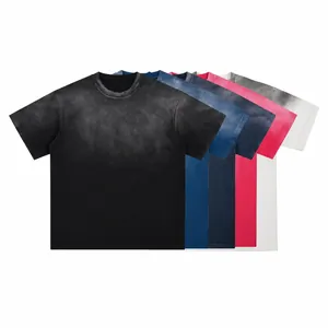 Men American Retro Heavyweight Cotton T-Shirt Washed Gradient Streetwear Oversized Round Neck Short Sleeve Top