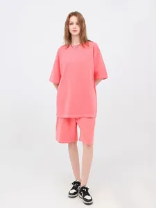 Vintage κοραλλί ροζ oversized T-shirt και ασορτί σορτς σετ από καθαρό βαμβάκι ύφασμα