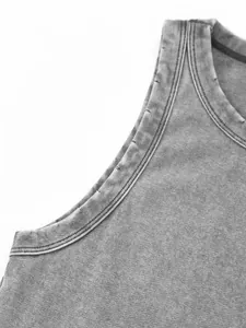 Detail view of a retro washed gray tank top showing high-quality ribbed neckline stitching