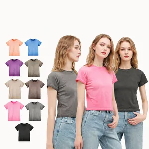 Women Vintage Gradient Cotton Spandex T-Shirt Retro Distressed Slim Fit Round Neck Short Sleeve Crop Top Casual Tee