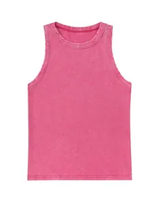 Macro view of a pink washed ribbed tank top showing distressed neckline and armhole details