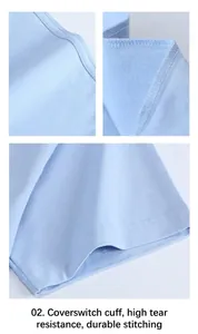 Detailopname van de versterkte manchetnaden op een zwaar blauw katoenen t-shirt