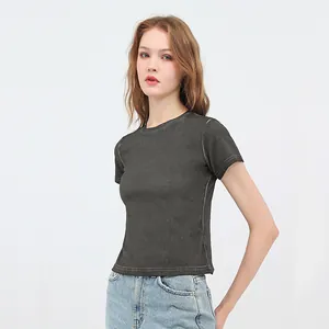 Vintage faded grey 240g cotton crop top slim fit round neck t-shirt for women stylish