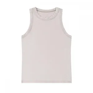 Detailed view of vintage washed grey cotton tank top with round neck for women
