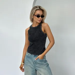 Professional studio shot of a model wearing a vintage acid wash ribbed tank top