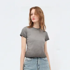 Retro grey gradient cotton crop T-shirt for women, slim fit short sleeve top.