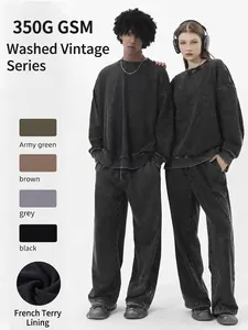Macro detail of 350g washed vintage sweatshirt set in army green, brown, grey, and black colors.