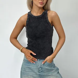 Detail view of women's vintage charcoal gray washed ribbed tank top with distressed neck