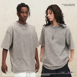 Premium oversized heavy 300g distressed washed grey cotton t-shirt in streetwear style