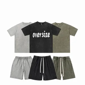 Washed Combed Cotton Retro Distressed Oversize Short Sleeve T-shirt And Drawstring Shorts Casual Streetwear Top And Bottom Men Fashion