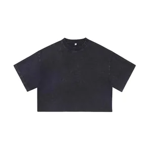Gewassen zwarte losse cropped t-shirt met korte mouwen voor dames in vintage stijl