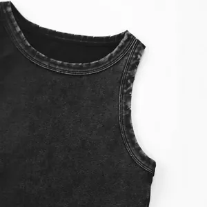 Vintage washed distressed black ribbed tank top with worn-out edge details for women
