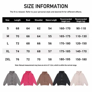 Detailed size guide table for oversized washed zip-up hoodies with five color variations.