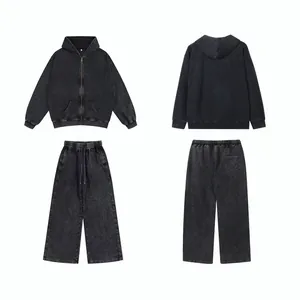 Front and back views of washed distressed zip-up hoodie and matching sweatpants set
