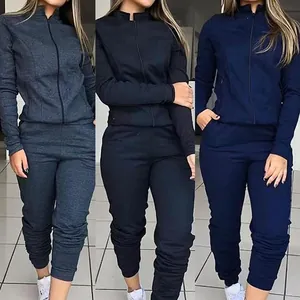 Women Casual Knitted Tracksuit Set Standing Collar Full Zipper Jacket Top And Bottom High Waist Jogger Pants Streetwear