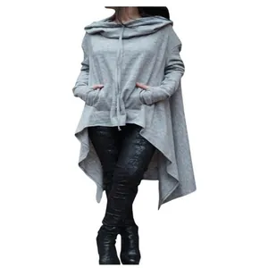 Grauer Oversize-Kapuzenpullover mit einem asymmetrischen Saum und Fronttaschen