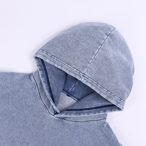 Heavyweight acid wash denim look cotton hoodie with vintage distressed finish
