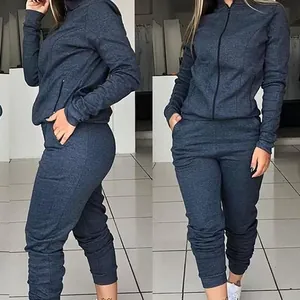 Women's two-piece marled grey casual tracksuit set featuring a zip-up jacket and joggers