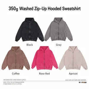 Unisex 350g vintage washed zip-up hoodie in five colors for autumn and winter streetwear