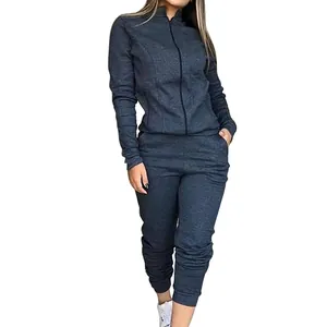 Full view detail of women's charcoal grey slim-fit two-piece tracksuit set for fall