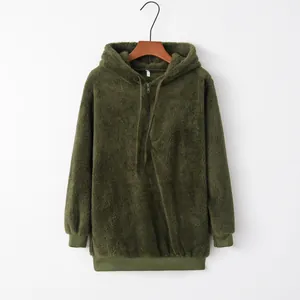 Women's forest green fuzzy fleece hoodie with half-zip and drawstring closure