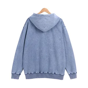 Vintage light blue snow wash denim hoodie, 380G cotton loose fit sweatshirt back view