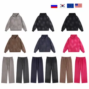 Ανδρικό Vintage Washed Distressed Gradient Hoodie Φούτερ Χαλαρή Εφαρμογή Fleece Top Και Bottom Ασορτί Παντελόνι Φόρμας Σετ