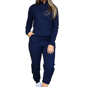 Chic navy blue two-piece tracksuit set for women featuring a zip-up jacket and jogger pants